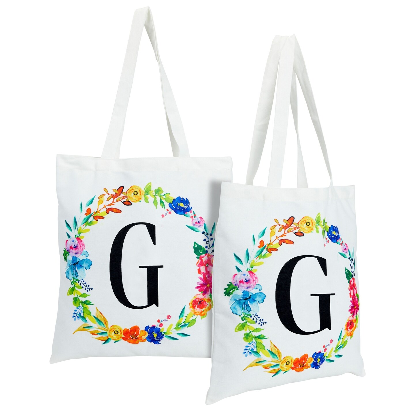 Set of 2 Reusable Monogram Letter G Personalized Canvas Tote Bags for Women, Floral Design (29 Inches)
