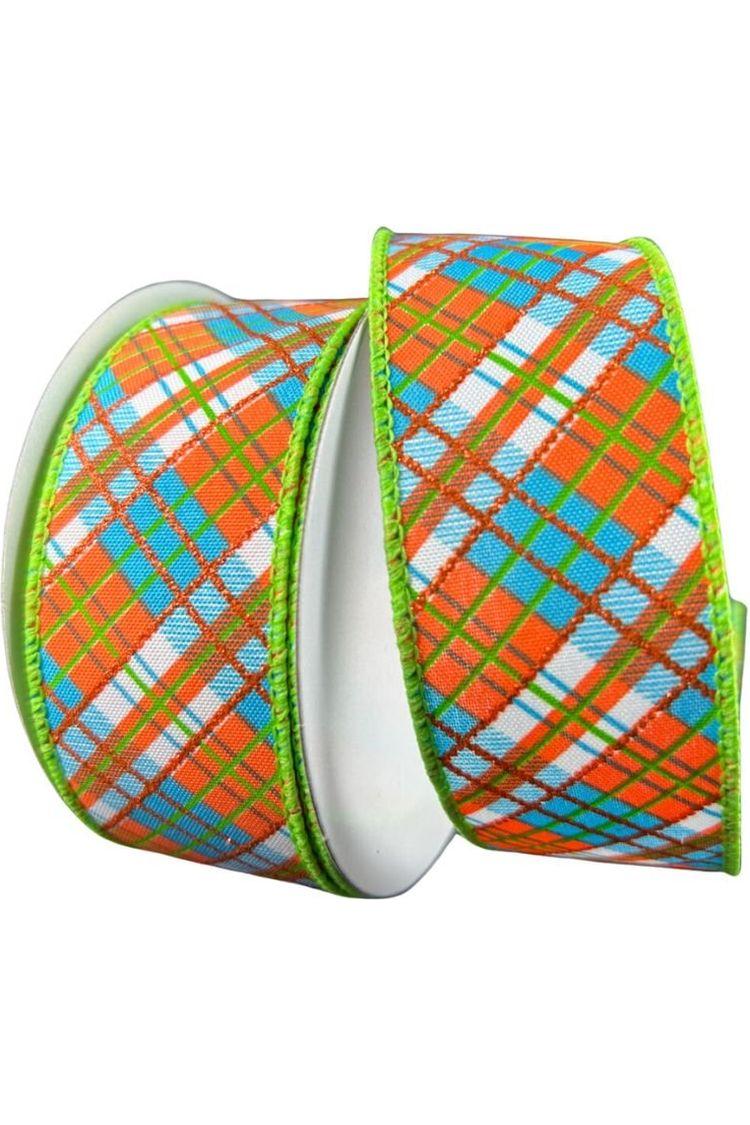1.5&#x22; White Satin Busy Plaid Ribbon: Teal, Lime and Orange (10 Yards)