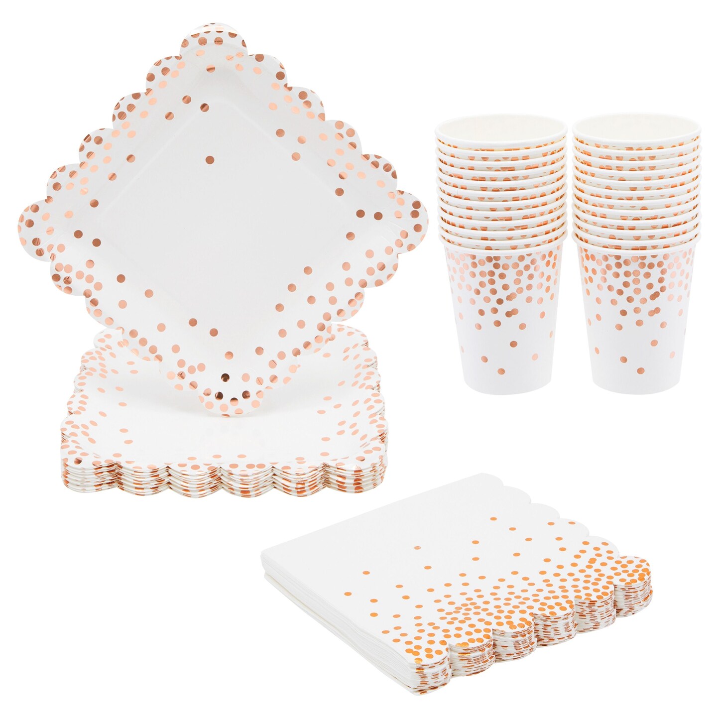 72 Piece Confetti Disposable Dinnerware Set with Scalloped Paper Plates, Napkins, Cups for Rose Gold Party Supplies and Bridal Shower (Serves 24)