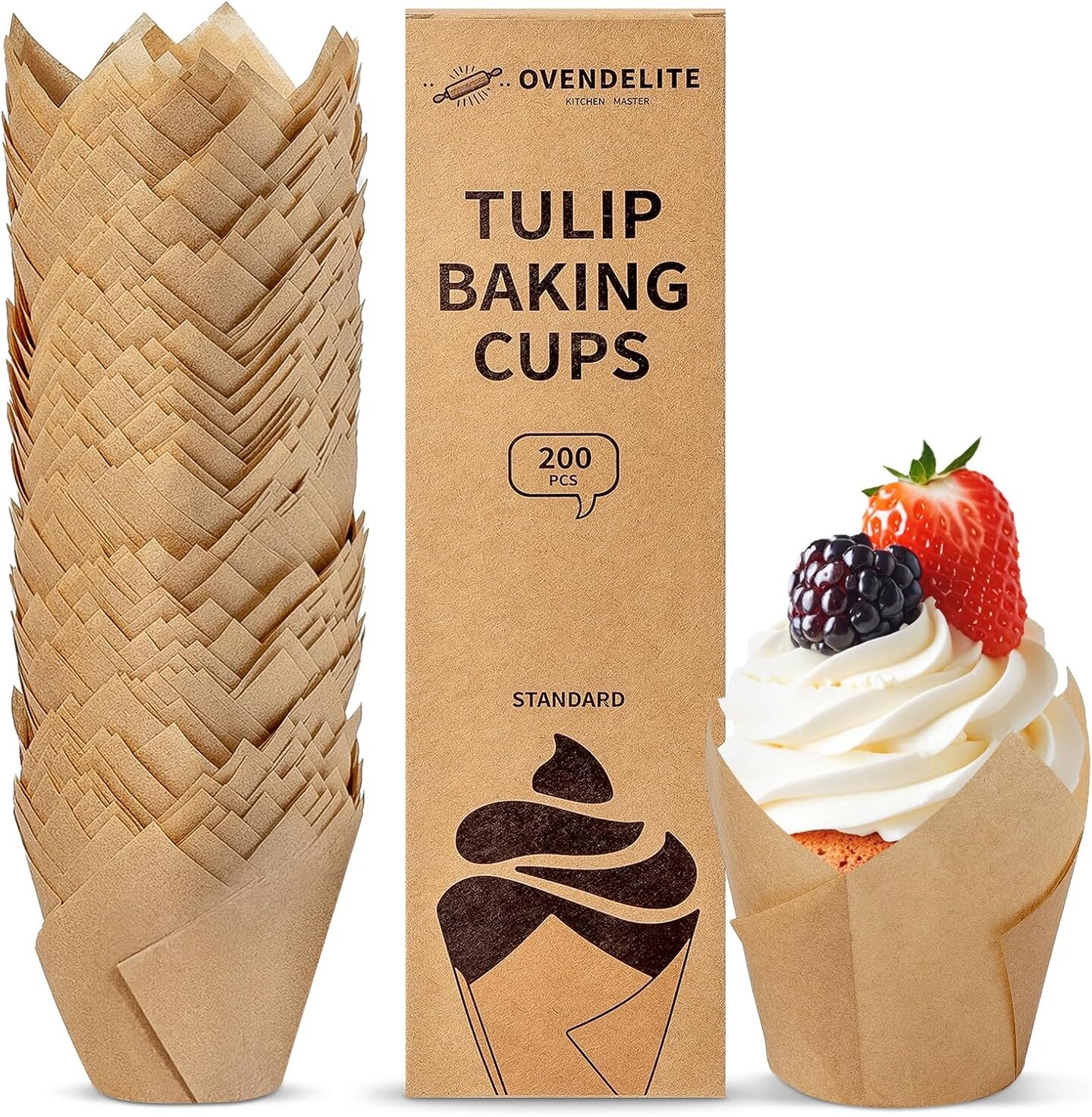 Tulip Cupcake Liners Natural 200PCS - Unbleached Parchment Muffin Liners, Non-Fade Oven-Safe, Brunch &#x26; Cafe Style Baking Cups
