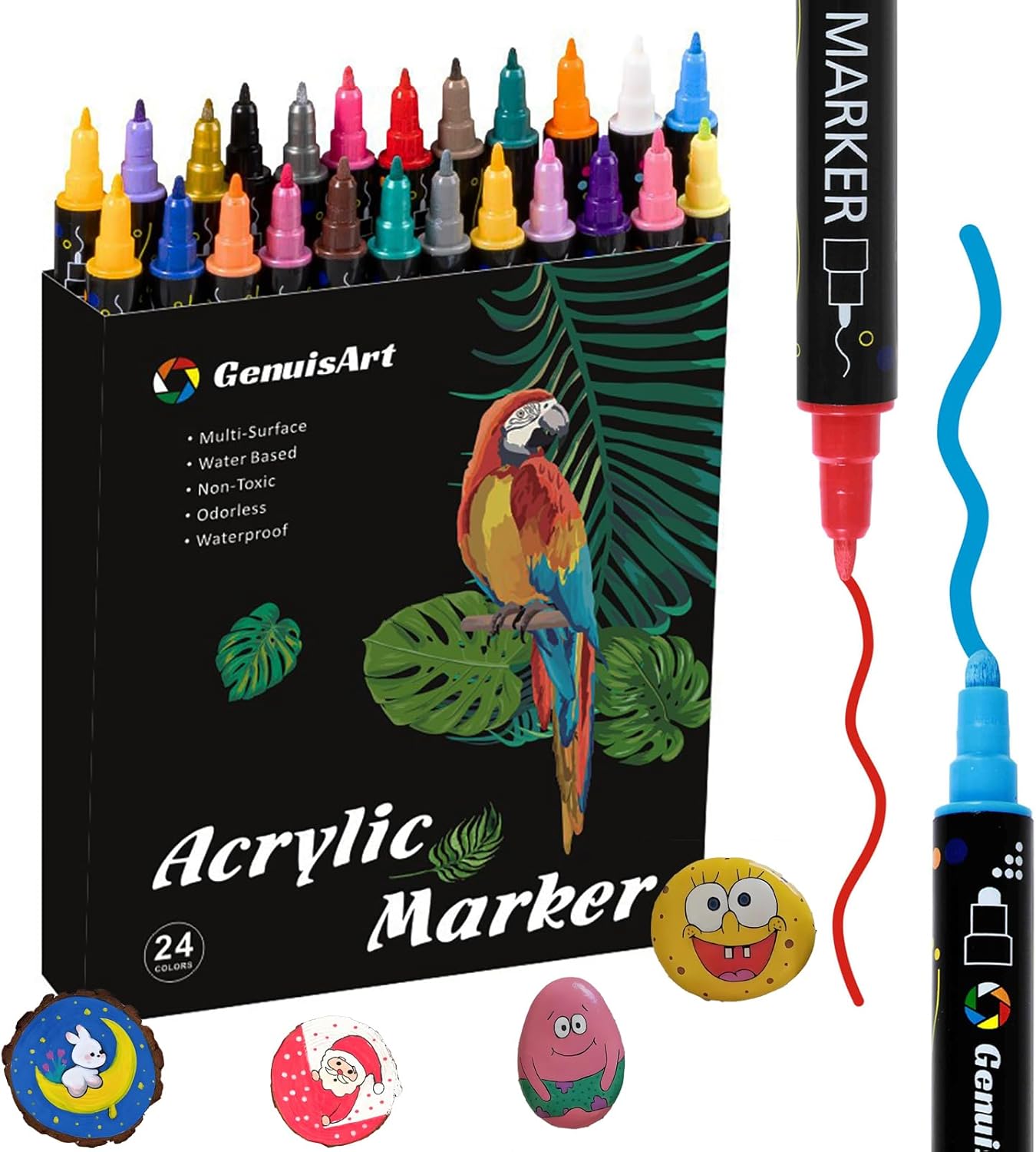 24 Colors Acrylic Paint Pens, Acrylic Paint Markers Dual Tip, with Dot Tip and Fine Tip, Acrylic Markers for Rock Painting, Wood, Canvas, Fabric, Paper, DIY Crafts Making Art Supplies