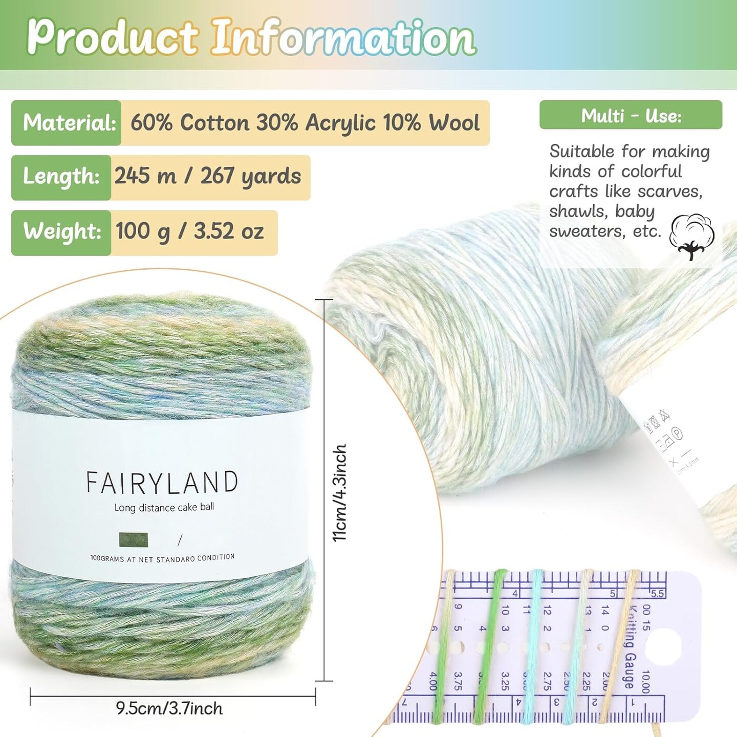 Aeelike Gradient Yarn for Crocheting, 3 Skeins Cake Yarn 100g (3.52 oz) 245m (267 Yards), Super Soft Ombr&#xE9; Yarns Cake Gradient Cake Yarn for Making Colorful Crafts, Green Gradient