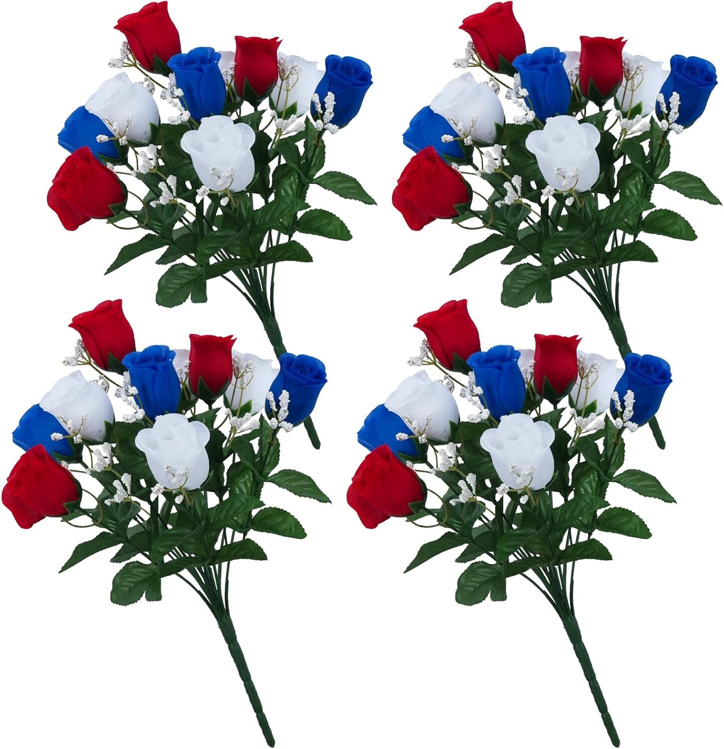 4 bundle set of artificial rosebud stems in red white and blue featuring 9 stems per bundle perfect for patriotic memorial bouquets cemetery decorations and celebrations for Memorial Day Veterans Day and Independence Day