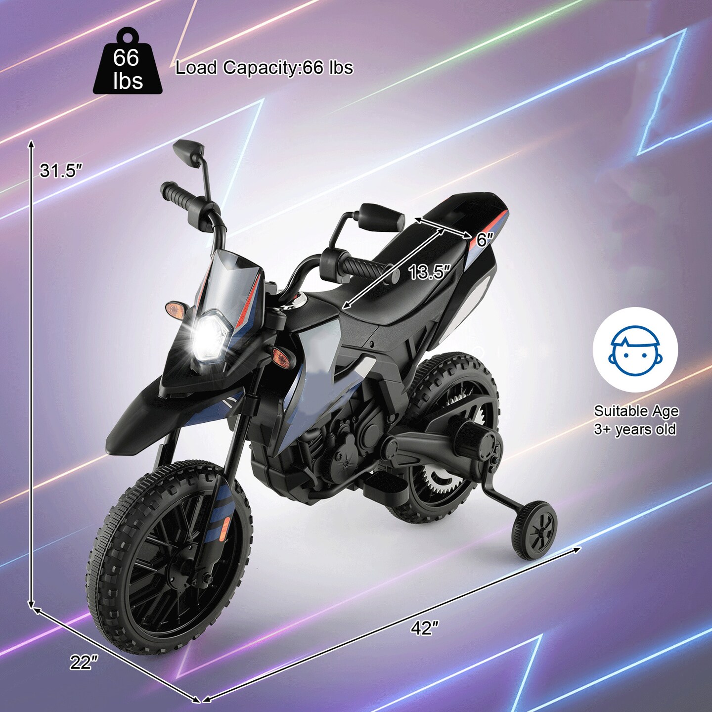 Metal 12V Kids Motorcycle with Dual Motors, Music and Training Wheels