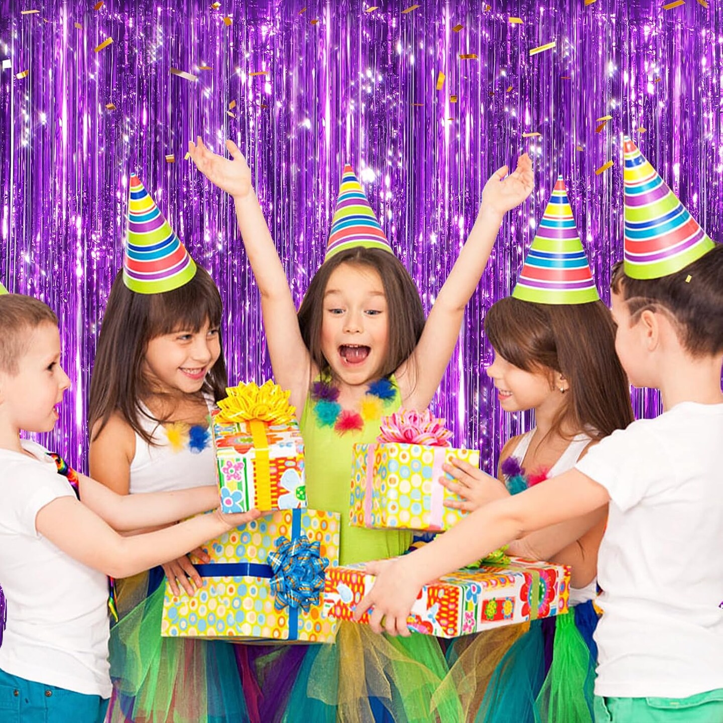 2 Pack Purple Metallic Tinsel Foil Fringe Curtains, Door Streamers Photo Booth Backdrop for Birthday Party, Tinsel Curtain Backdrop for Baby Shower Bachelorette Christmas Party Decorations