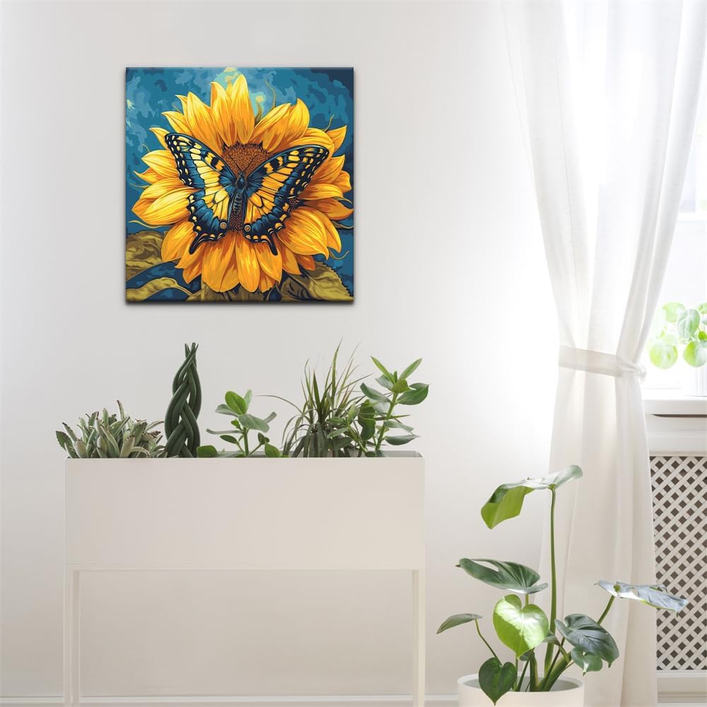 Framed Paint by Numbers on Canvas Flowers Acrylic Paint by Numbers Kits for Adults Beginner Butterfly on Sunflower Pictures Painting Kits Ideal Gift Home Wall Decor 12x12 Inch