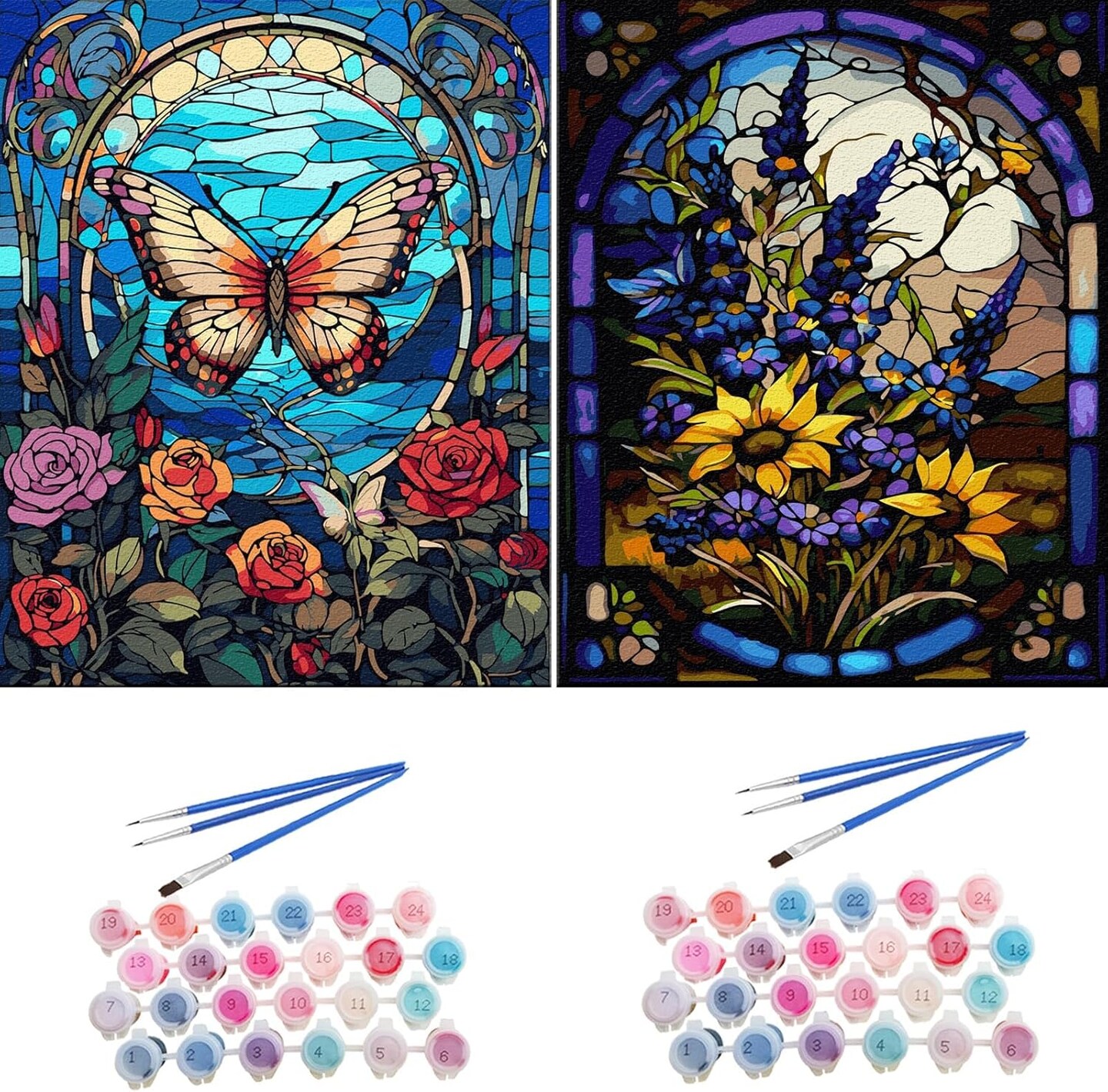 2 Pack Paint by Numbers Kit for Adults 16x20inch Stained Glass Butterfly Paint by Number Canvas, Acrylic Adults&#x27; Paint-by-Number Kits Flowers