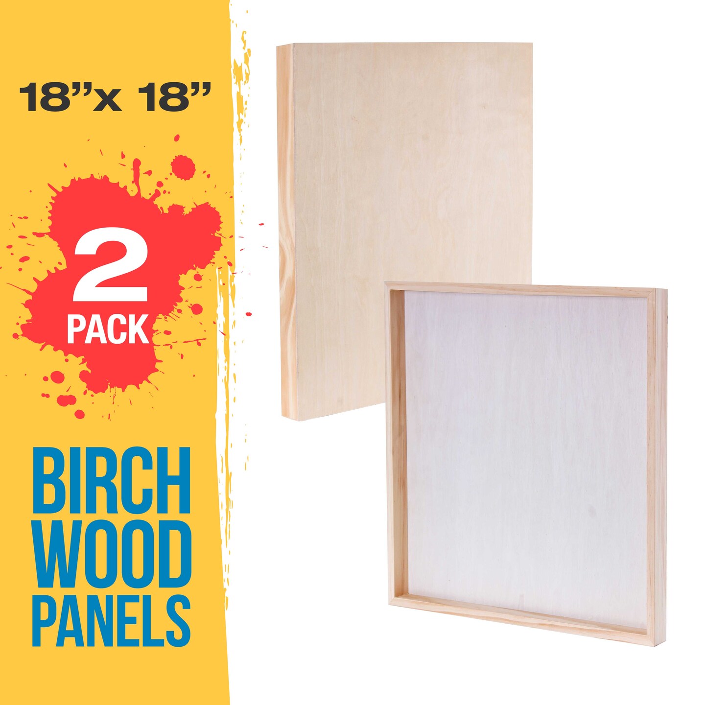 Unfinished Cradled Wood Panels for Painting, 2 Pack of 18x18 inch - Gallery Birch Wooden Canvas Boards 1-1/2&#x22; Deep - Mixed-Media Craft, Acrylic, Oil, Encaustic, Paint Pouring