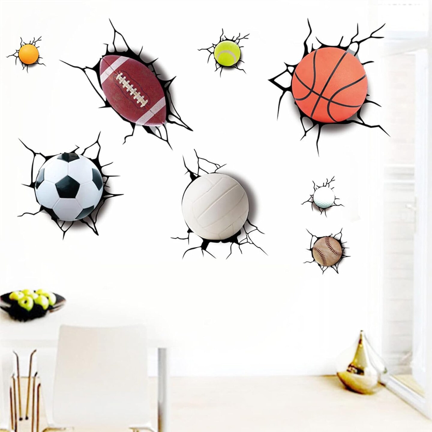 3D Sport Balls Wall Sticker Cracked Wall Sticker for Kids Living Room Decoration Detachable Wall Stickers Including Football, Basketball, Volleyball, Rugby, Tennis, Snooker, Bowling, Baseball