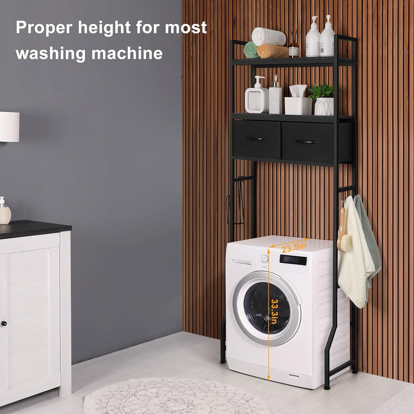 3-Tier Over-The-Toilet Storage Cabinet with Fabric Drawers – Freestanding Bathroom Organizer, Black Space-Saving Shelf for Bathroom & Laundry Room