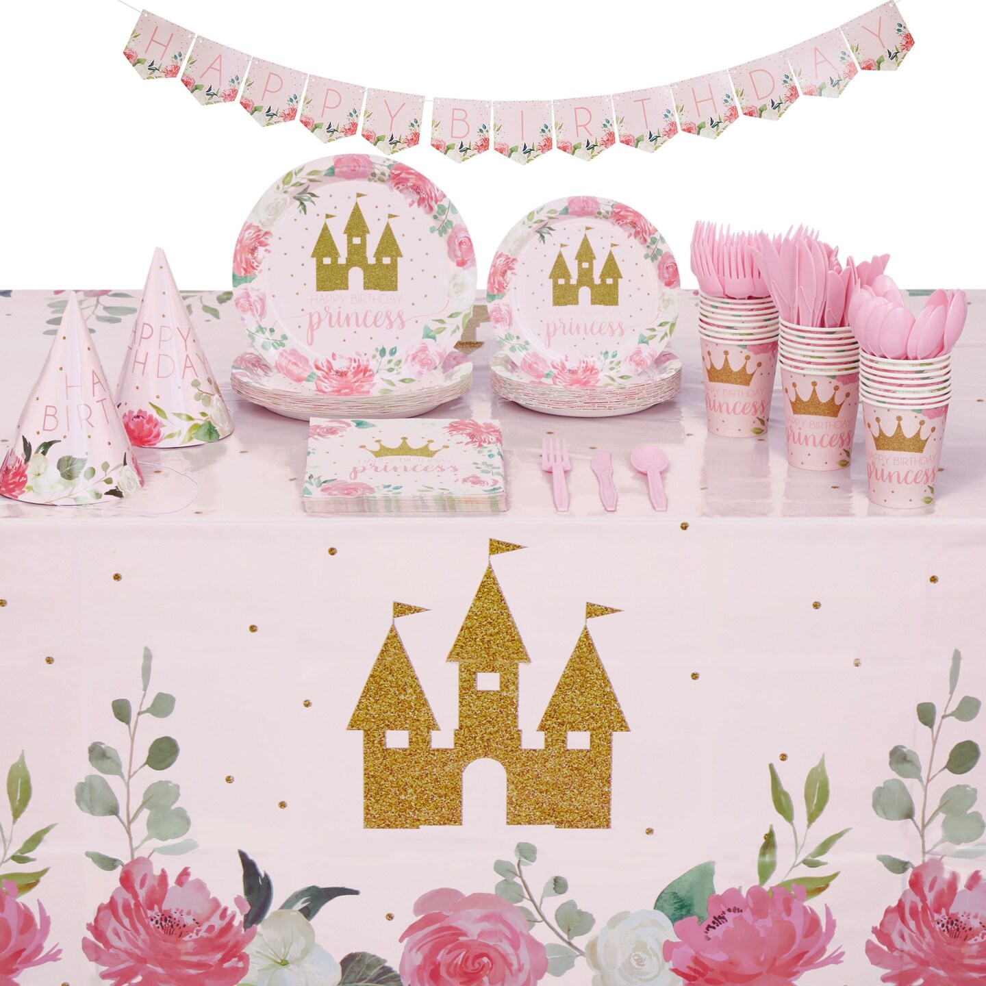194-Piece Princess Birthday Party Decorations, Pink Dinnerware Set with Plates, Napkins, Cups, Tablecloth, Cutlery, Banner, and Hats (Serves 24)