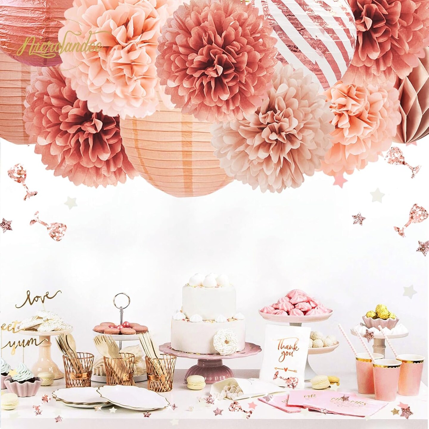 Rose Gold Party Decorations -12PCS Elegant Party Supplies Tissue Pom Poms Paper Lantern Glitter Confetti 30G for Valentines Wedding Bridal Shower Birthday Bachelorette Party Decorations