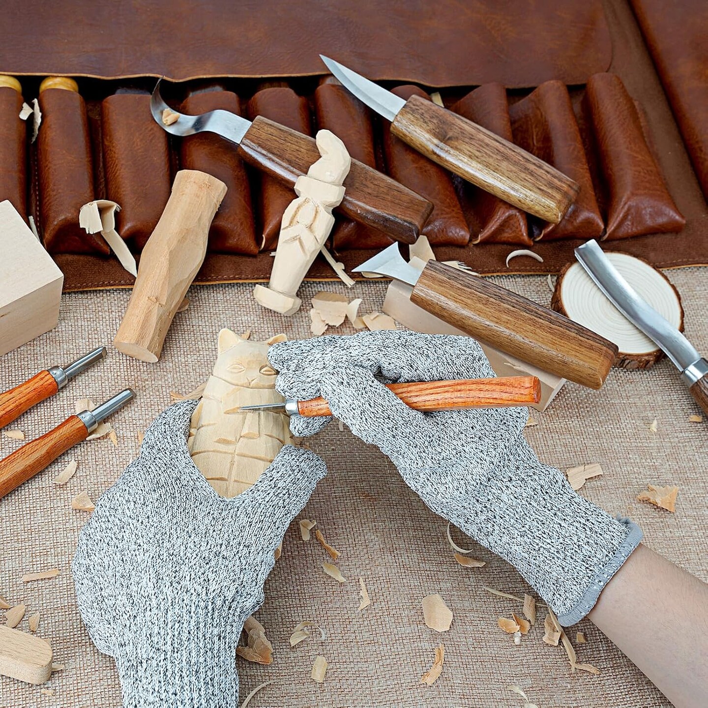 Wood Carving Kit, 20Pcs Wood Carving Tools with PU Leather Storage Bag, Wood Whittling Kit with 3Pcs Chisels & 8Pcs Whittling Knives & 5 Detail Carving Knives for Beginners and Enthusiasts