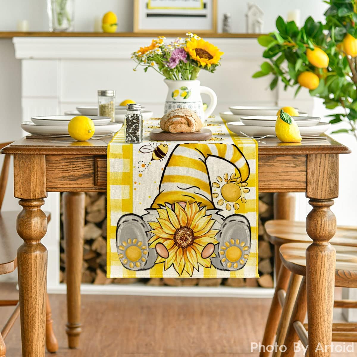 Yellow Buffalo Plaid Sunflower Gnome Table Runner 13x72, Spring Summer Dining & Party Decor