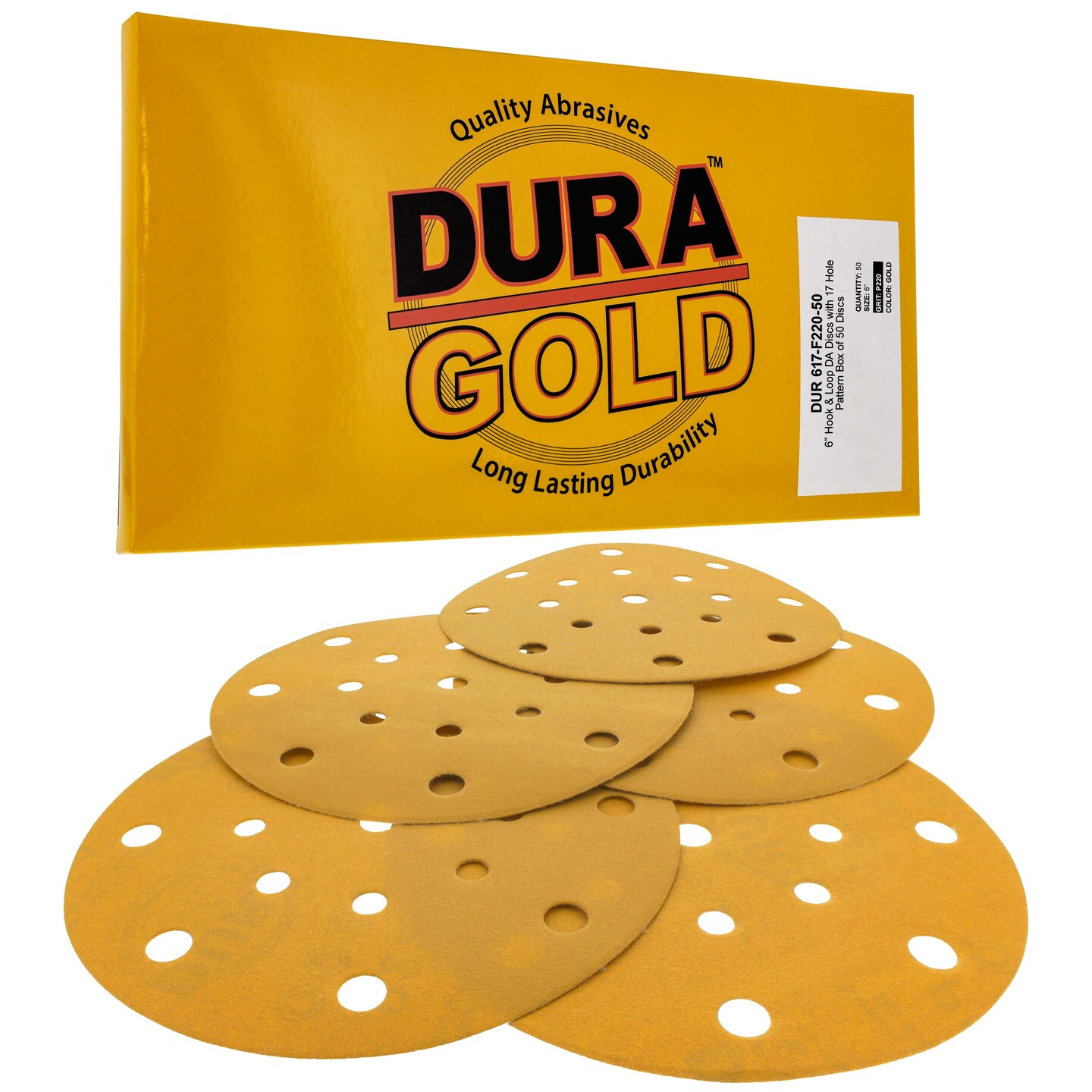 220 Grit - 6&#x22; Gold Sanding Discs - 17-Hole Pattern Hook and Loop for DA Sander - Box of 50
