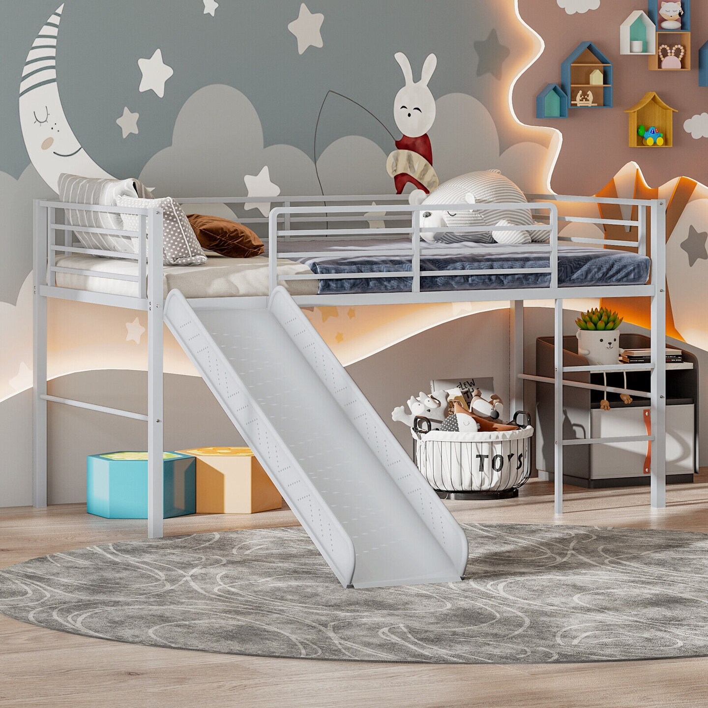 Twin Metal Loft Bed with Slide, Fun, Safe and Spacious