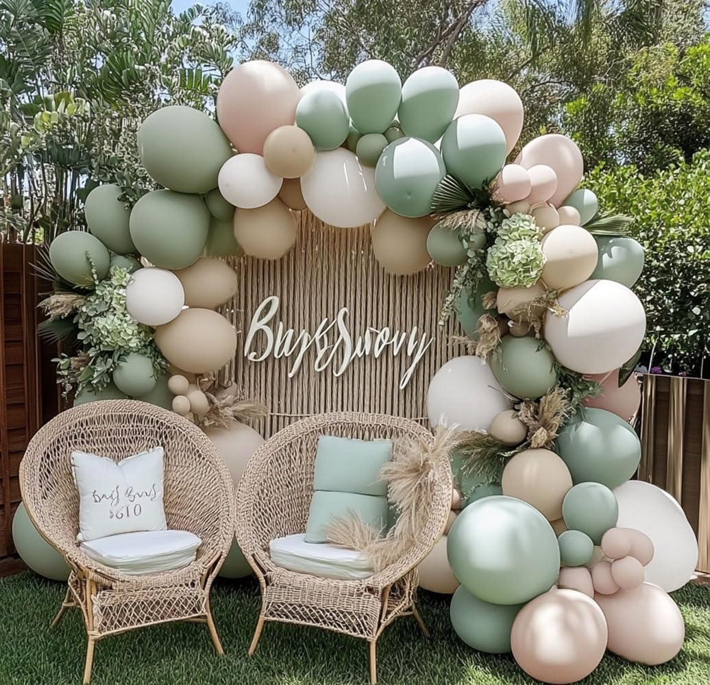 Sage Green & White Balloon Garland – Double Stuffed Neutral Balloons for Boho Baby, Bridal Shower & Birthday Decor