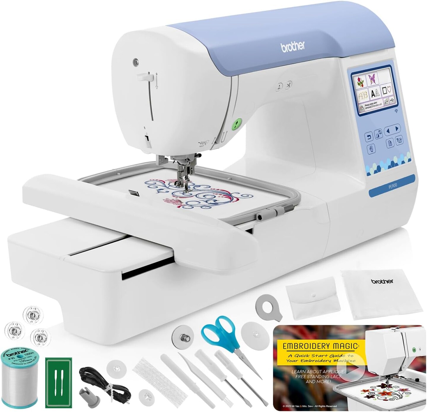 Brother PE900 Embroidery Machine, 5" x 7" Field Size, Cuts Jump Stitches, Wireless, WLAN, Includes Mr. Vac & Mrs. Sew - Embroidery Magic: Quick Start Video