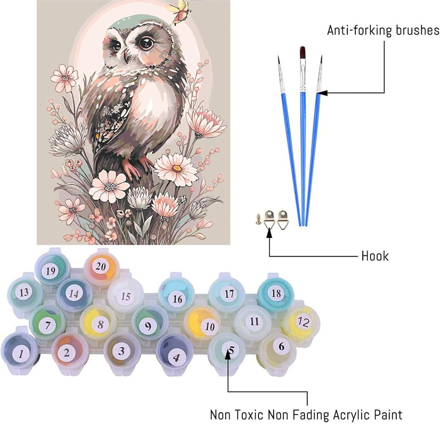 Owl Paint by Number Kit for Adult, Easy Owl Acrylic Paint by Numbers Kits on Canvas, Owl and Flowers Oil Painting Kits Adults&#x27; Paint-by-Number Kits for Home Wall Decor 16x20inch