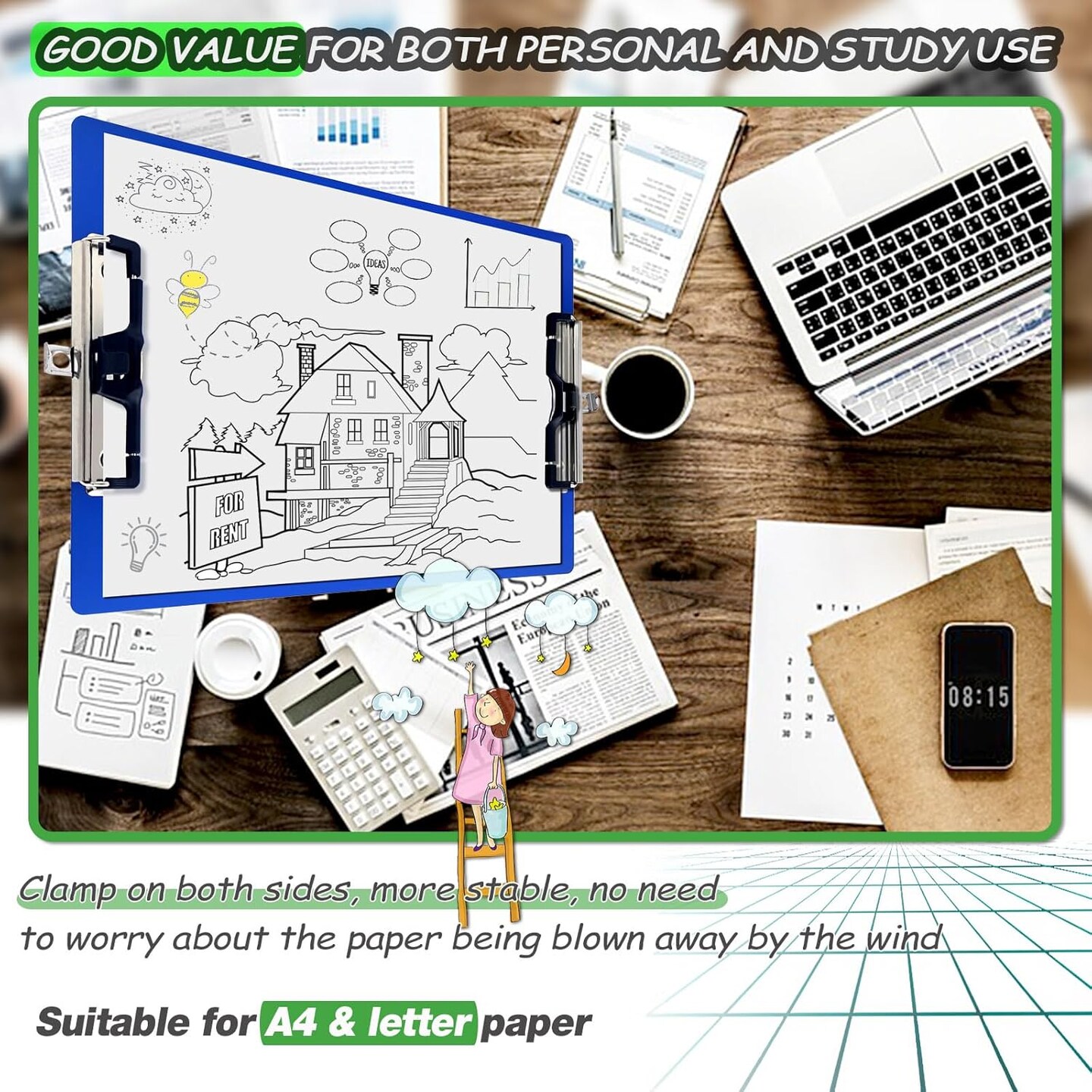 Aluminum Metal Clipboard Sturdy Stainless Hangable with Pen Holder Double Clip Board Size Letter A4 9&#x22; x 12.6&#x22; for School Office Business Medical Professionals Workshop Factory