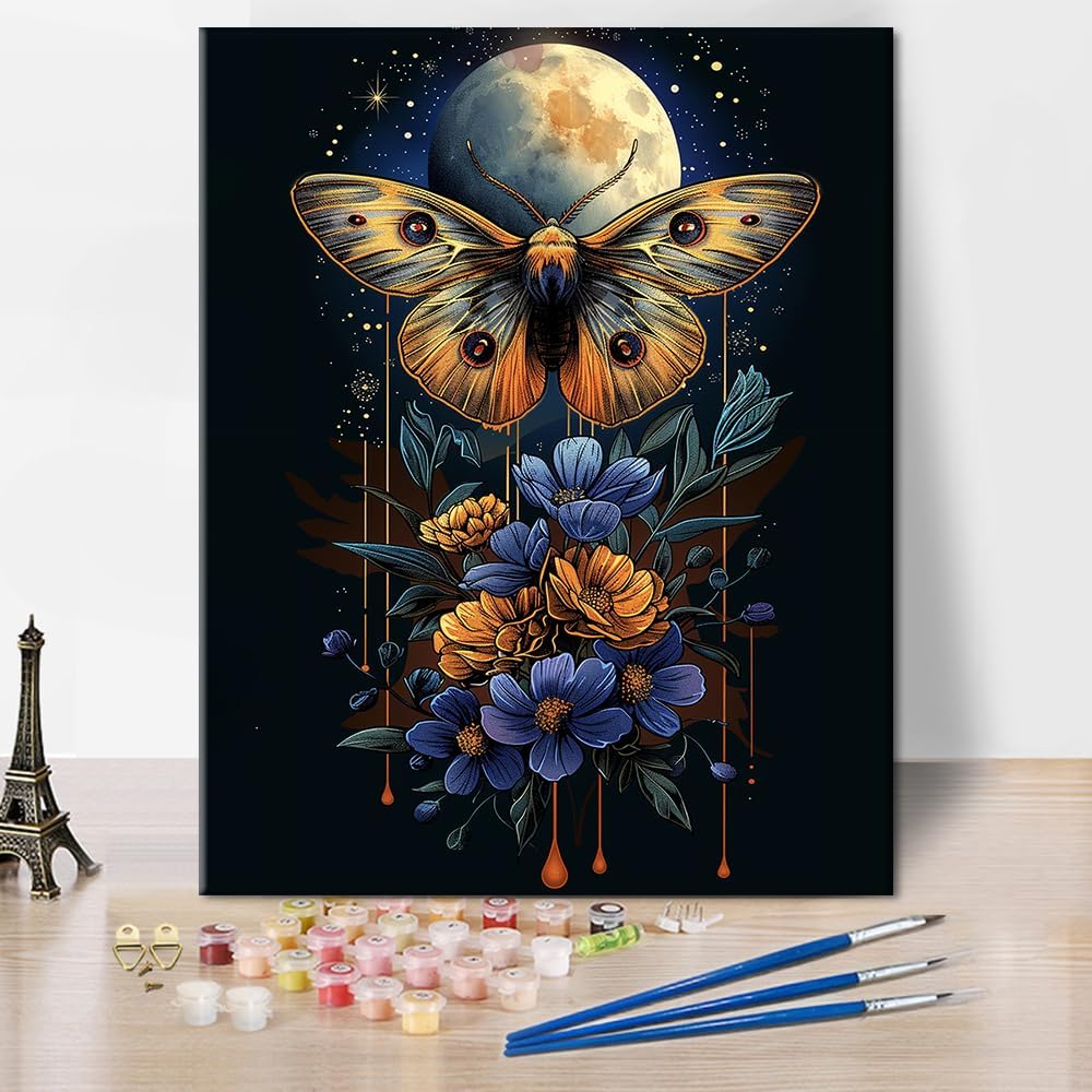 DIY Paint by Numbers Butterfly with Moon Stars Paint by Number for Adults Beginner with Paintbrushes Floral Moon Painting by Numbers Kits on Canvas Art Crafts, 16&#x22;x20&#x22;(Frameless)