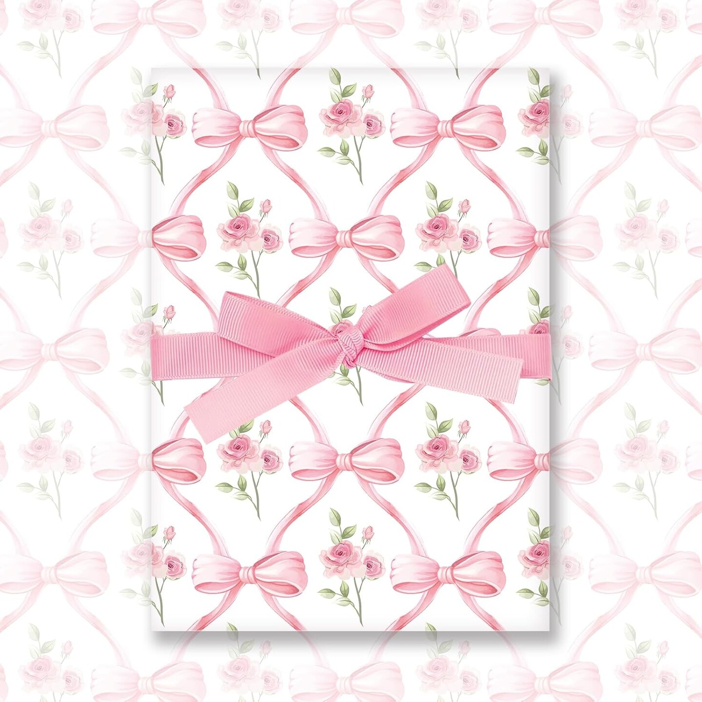 6 Sheets Spring Pink Bow Wrapping Paper – Watercolor Floral Gift Wrap, 19.7"x27.6" for Valentine’s Day, Baby Shower & Crafts