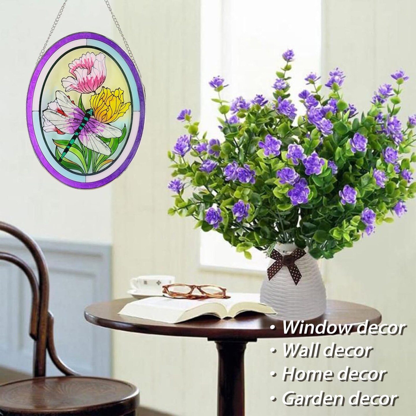 Summer Stained Glass Window Hanging Dragonfly Suncatchers 10 Inch Glass Panel Sun Catchers Indoor Window Wall Art, Stained Glass Dragonfly Light Catchers for Windows Handmade Glass Art Gift