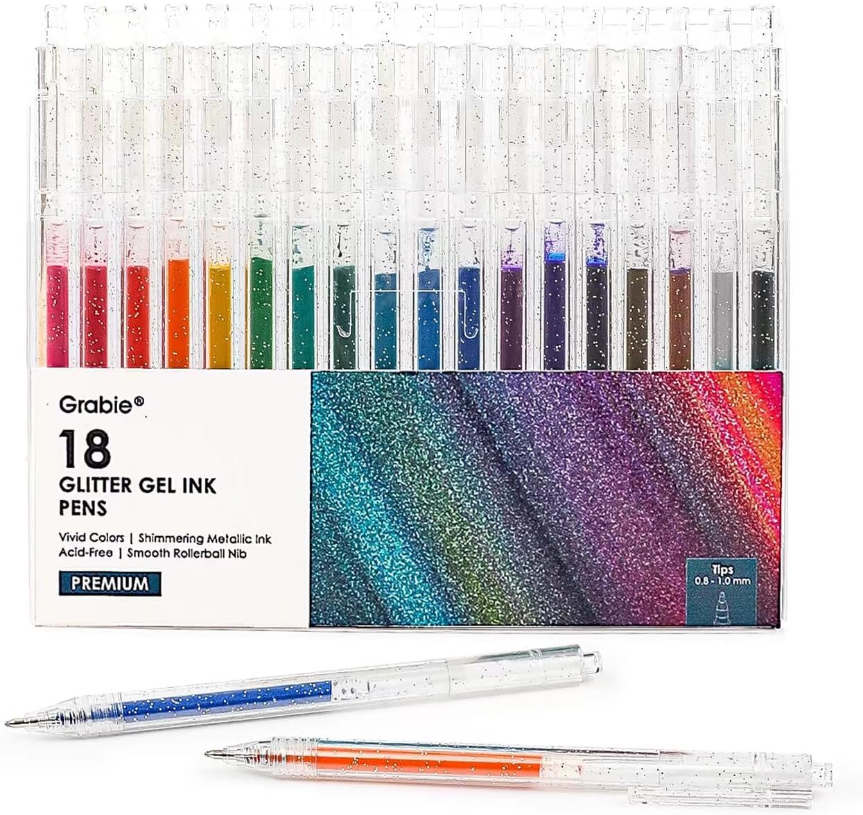 18-Piece Glitter Gel Pens, Metallic Sparkle, Retractable for Coloring & Drawing
