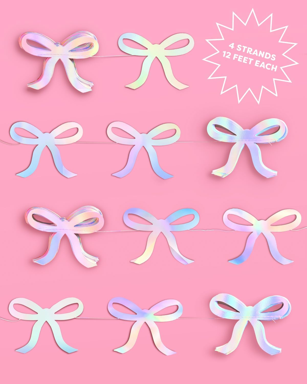 Iridescent Bow Hanging Garland - 4 pcs, 12' | Bachelorette Decorations, Tying The Knot Bride Bach Decor, Birthday Party Favor, Baby Shower Supplies, Coquette Photobooth Backdrop