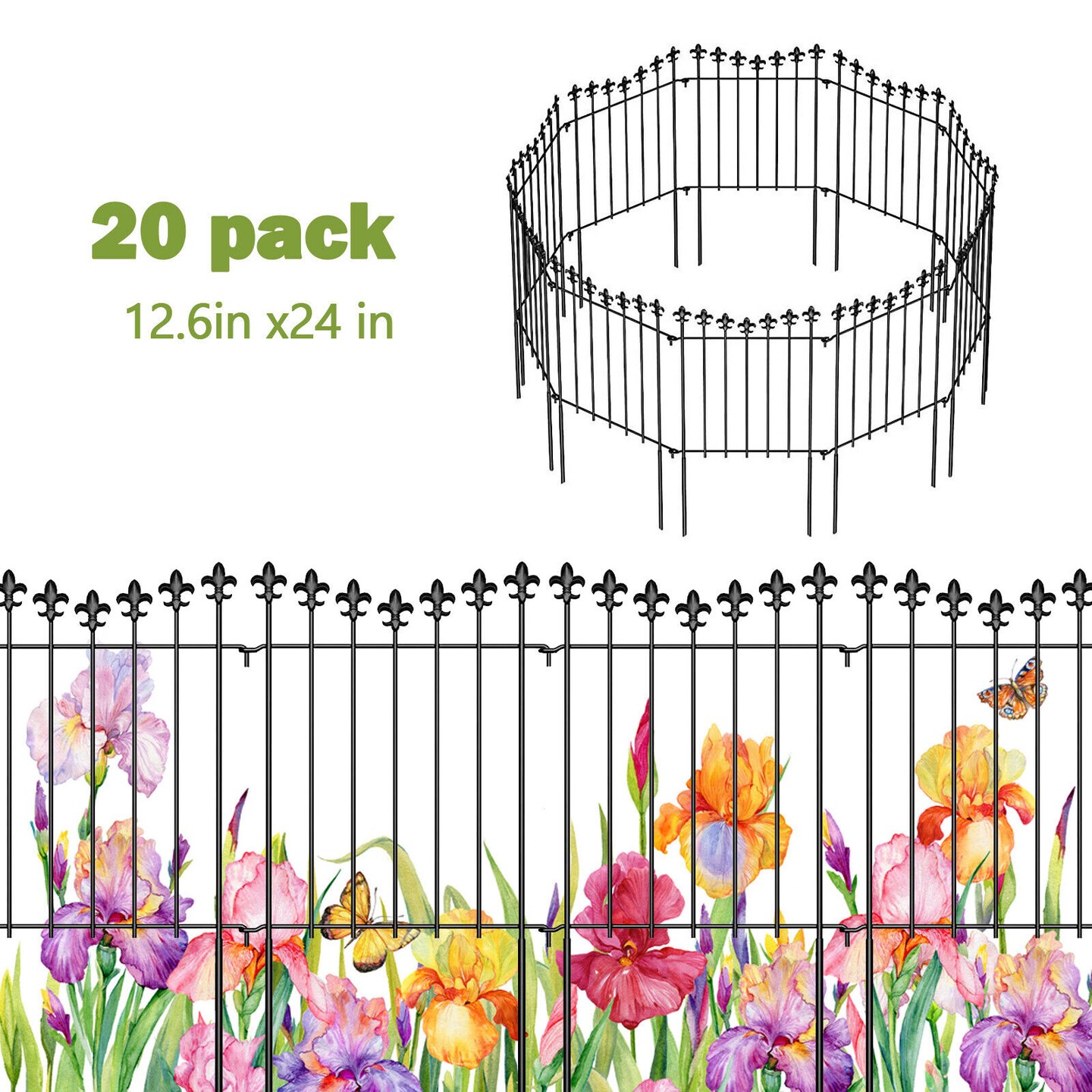 20 Pack Decorative Garden Fence Panels - 24in H, 20ft L Rustproof Animal Barrier for Dogs, Vinyl-Coated Metal Outdoor Border (Interlocking Design, Easy Install)