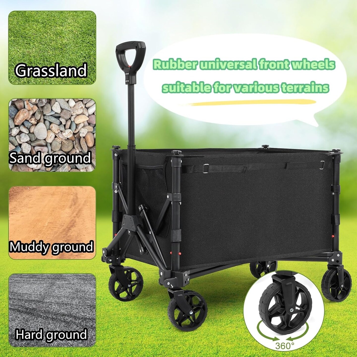 Foldable Wagon Cart with 360&#xB0; All-Terrain Wheels, 220 lb Capacity, Adjustable Handle - Collapsible Utility Cart for Camping, Beach, Gardening &#x26; Shopping