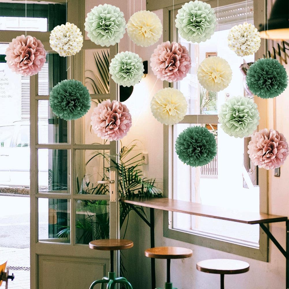 16pcs Dusty Rose Olive Sage Green Tissue Paper Pom Poms Ceiling Decors Flowers Sage Green Dusty Pink Party Decorations for Bridal Shower Baby Shower Rustic Wedding Birthday Engagement Party Decorations