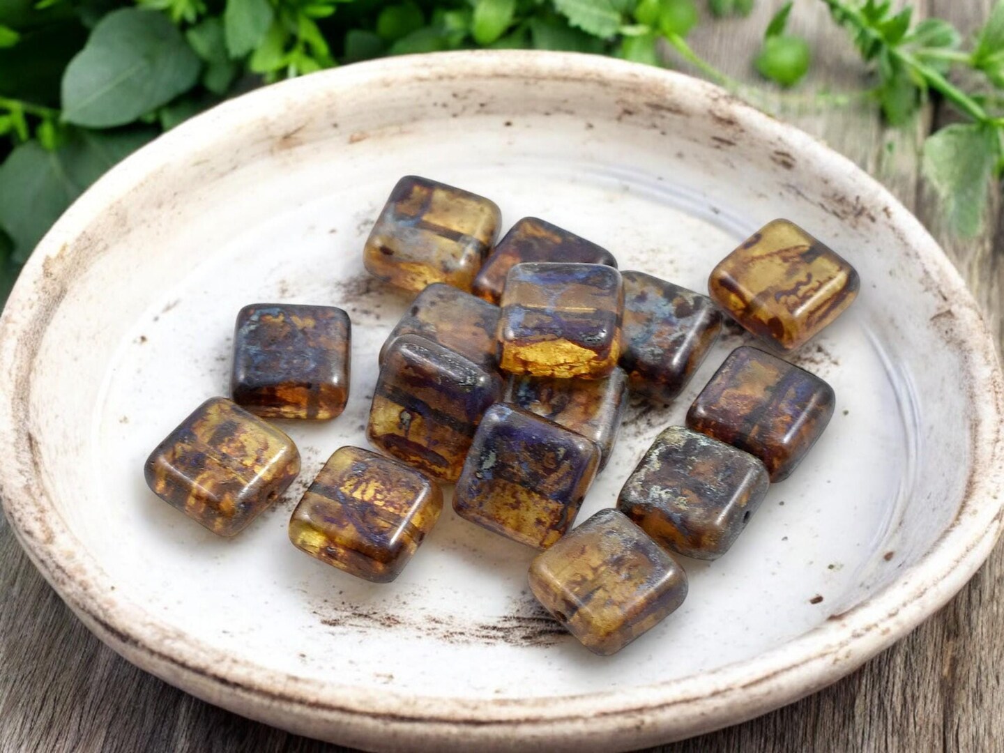 *15* 10mm Crystal Amber Picasso Square Beads