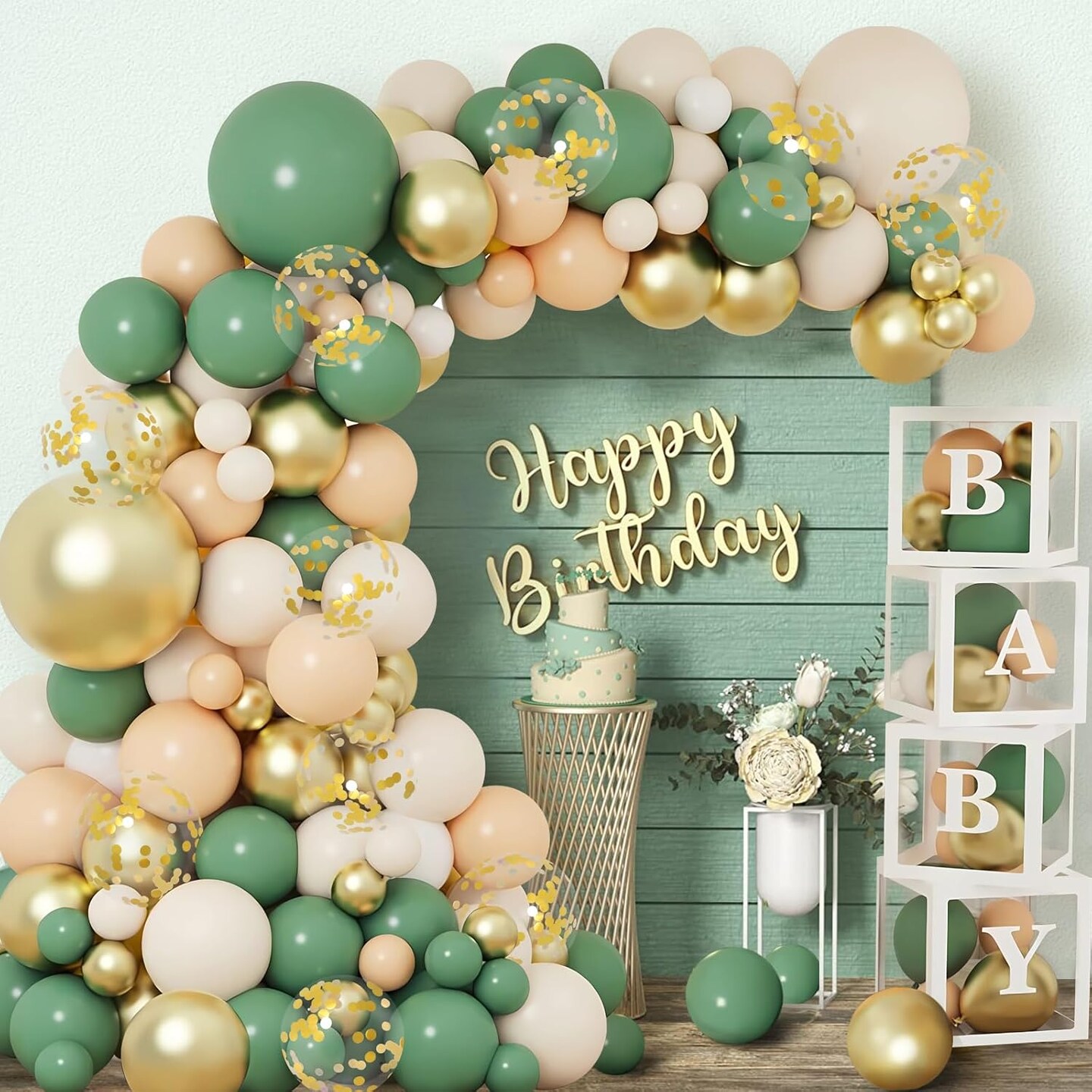 Sage Green Baby Shower Decorations for Boy or Girl - 136pcs Baby Shower Decor, Baby Shower Balloon Boxes with Green Gold Balloon Arch Garland Kit