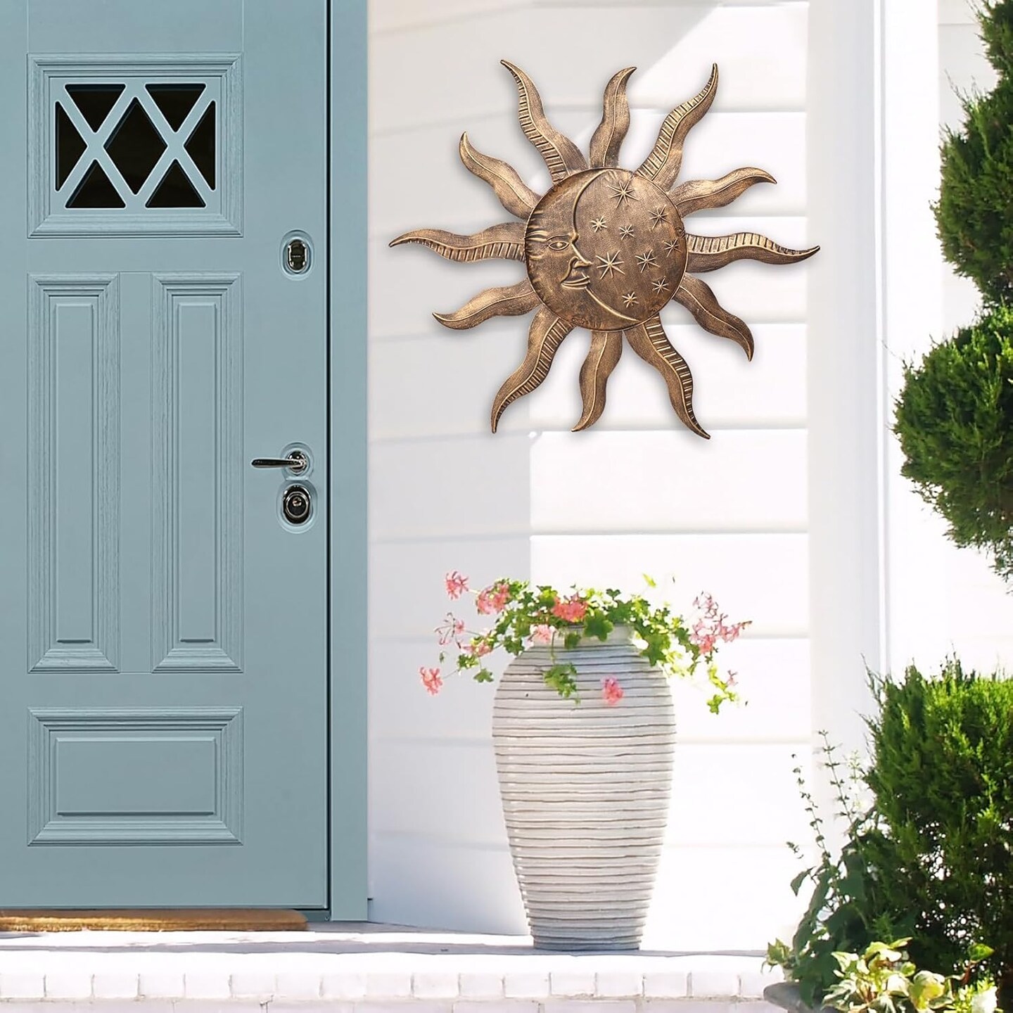 Summer Sun Metal Wall Outdoor Decor Moon Wall Decoration Metal Wall Sculpture Hanging Garden Wall Sculpture for Indoor Outdoor Patio Fence Decor Gold