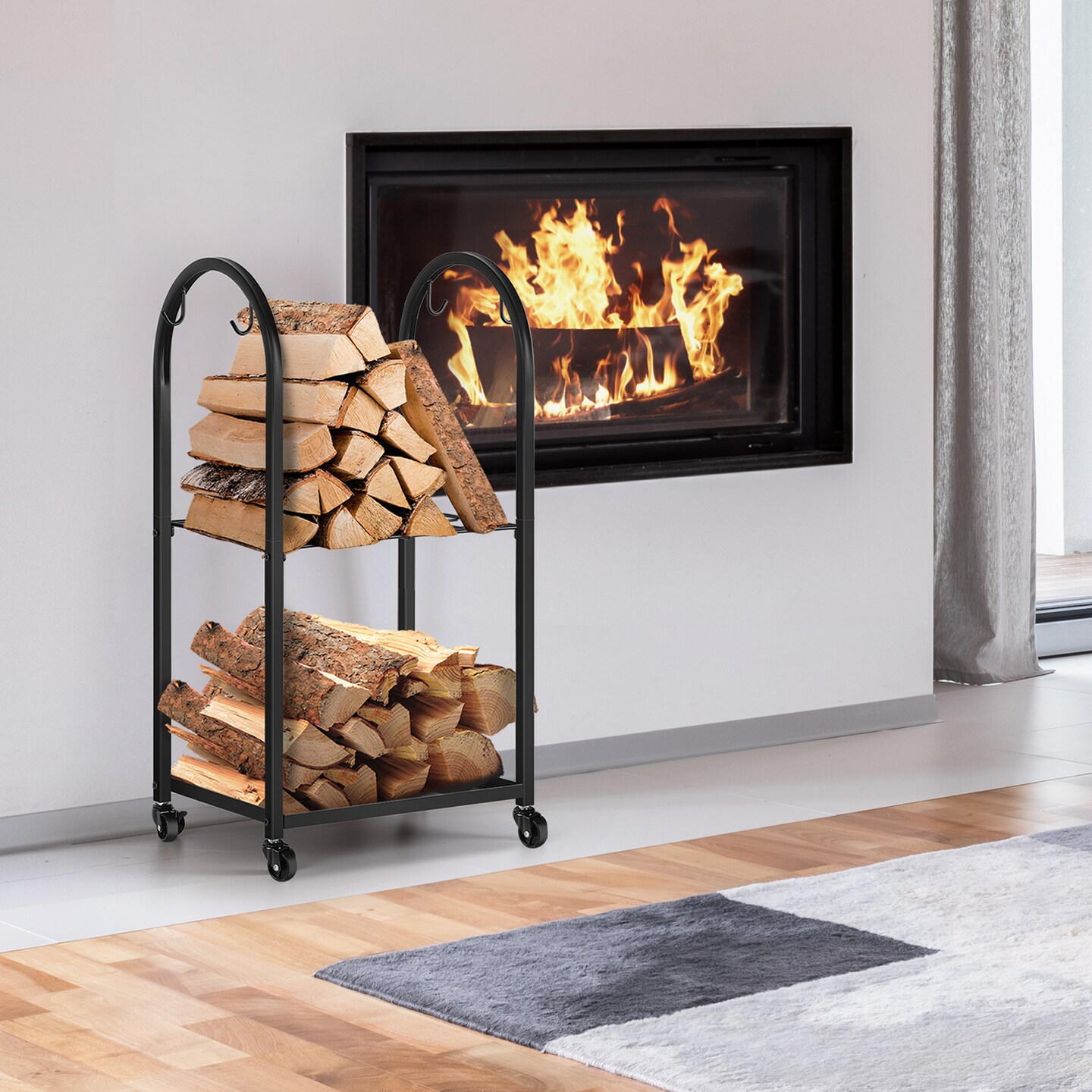 2-Tier Firewood Rack with Wheels &#x26; Hooks &#x2013; Indoor/Outdoor Log Holder for Fireplace, Patio, Hearth | Heavy-Duty Black Steel Storage (20.5&#x201D;x12.6&#x201D;x33.5&#x201D;)