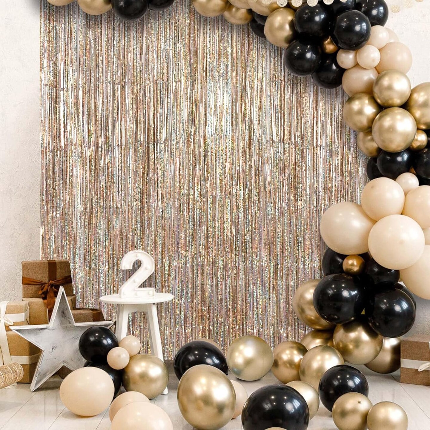 2 Pack Fringe Curtains Backdrops, Foil Fringe Curtains, Door Streamers for Birthday Wedding Bridal Shower Holiday Graduation Party Decorations, Photo Booth Backdrops, Glitter Champagne