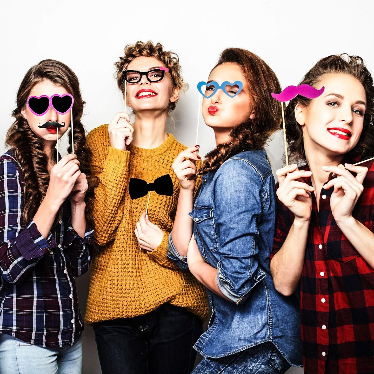 60 Pieces Photo Booth Props DIY Kit Graduation Funny Selfie Props Accessories for Wedding Prom Party Supplies Favors with Mustache on a Stick, Hats, Glasses, Mouth, Bowler, Bowties
