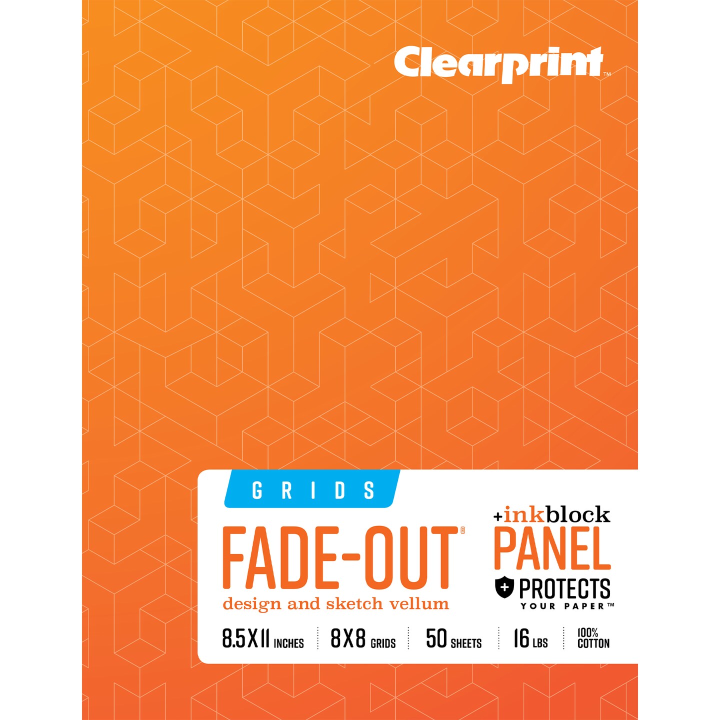 Clearprint 1000H 100% Cotton Design Vellum Field Book with "Ink Block" Panel and Fade-Out Grid, 16 lb. / 60 GSM, 50 Sheets/Book