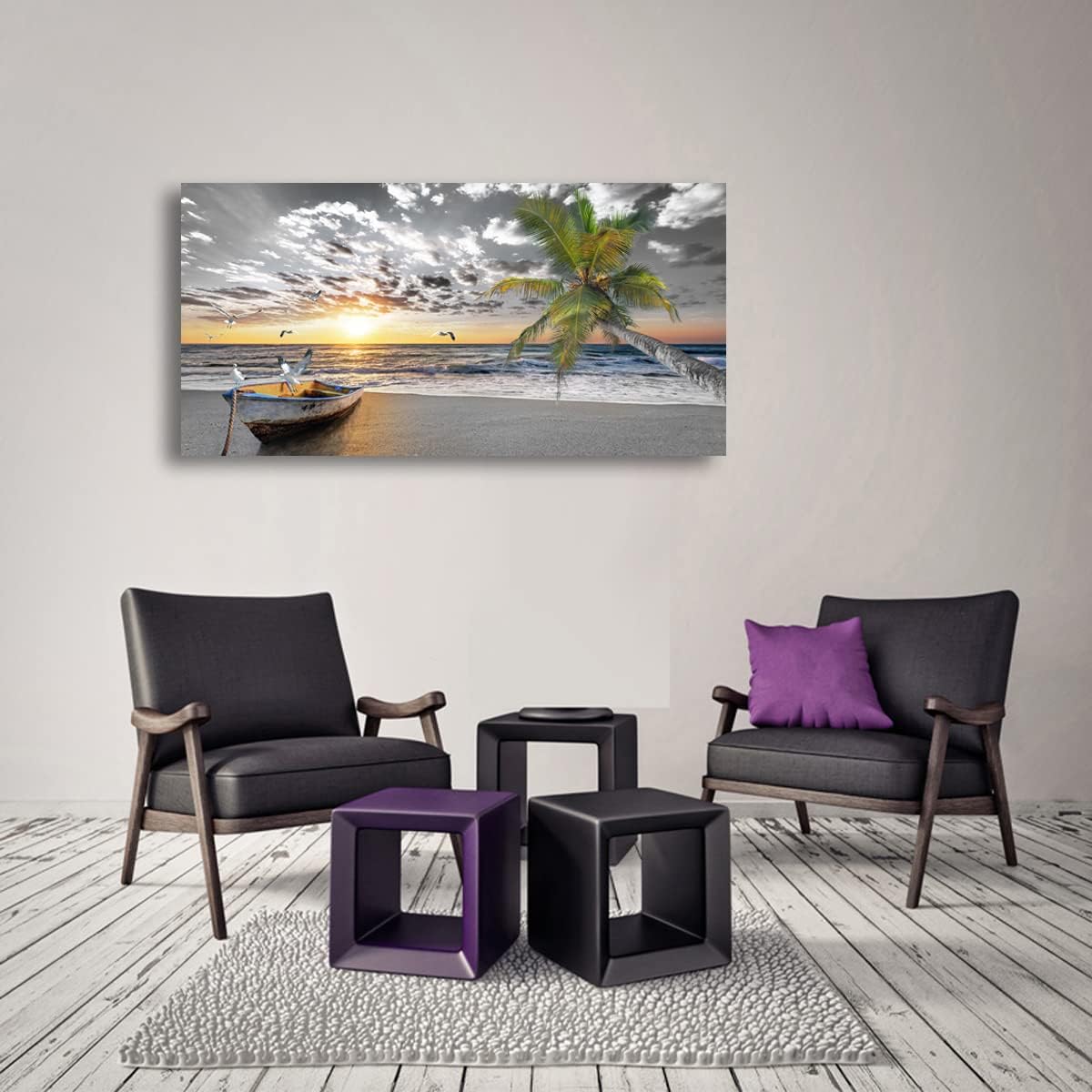 Black & White Beach Canvas Wall Art – Palms, Boat & Sunset Seascape for Living Room, Bedroom, Office Decor