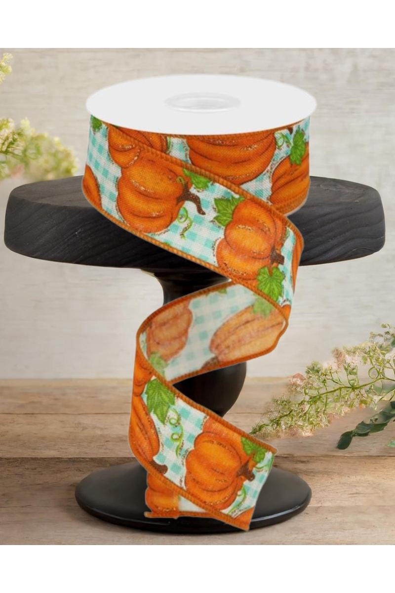 1.5&#x22; Pumpkin Patch Ribbon: Turquoise Check (10 Yards)