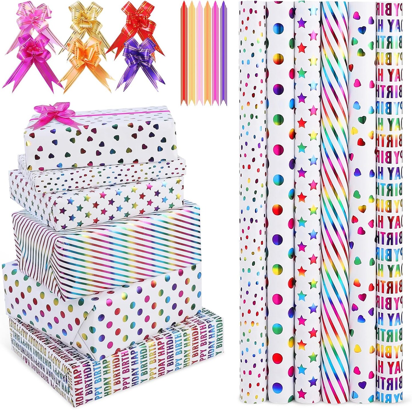 Birthday & Party Wrapping Paper – 6 Mini Rolls, 17” x 120” Each, Iridescent Gold Foil Designs with 6 Mini Bows for Birthdays, Christmas & Celebrations (Color bronzing)