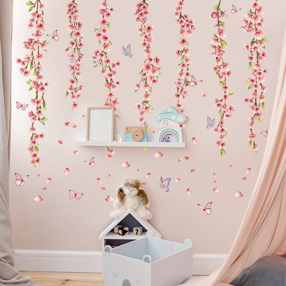 Pink Hanging Flower Vines Wall Decals Floral Leaves Butterfly Wall Stickers Spring Cherry Blossom Wall Stickers for Home Kids Girls Nursery Bedroom