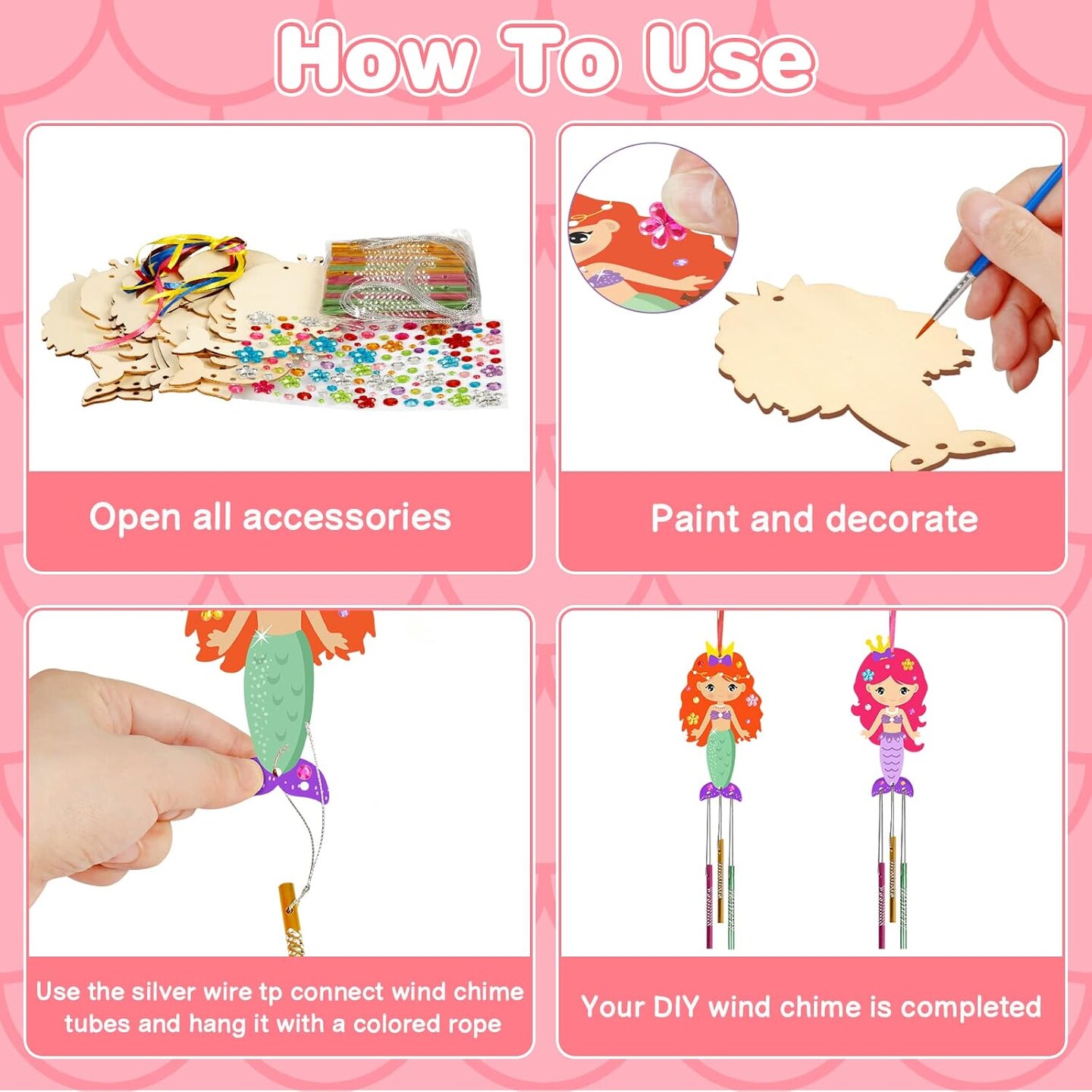 9 Pack Summer Mermaid Wind Chime Kit for Kids Make Your Own Wind Chime Wooden Arts and Crafts for Girls Boys Ornaments DIY Coloring Mermaid for Summer Art Activity Birthday Party Decoration