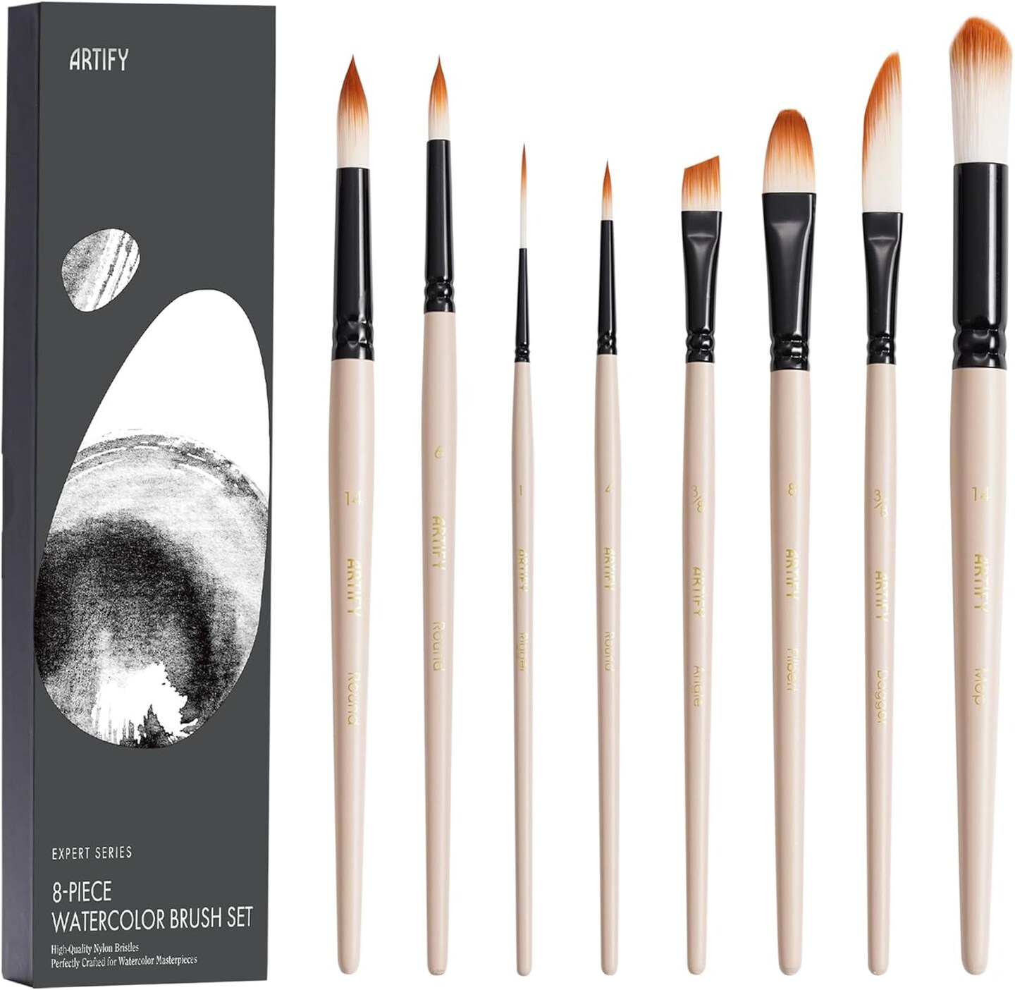 ARTIFY Watercolor Brush Set, 8 Pcs Professional Paint Brushes with Case for Beginners and Artists, Various Shapes, Optimized Hairs for Watercolor, Gouache, Ink, Tempera, and Fabric Painting