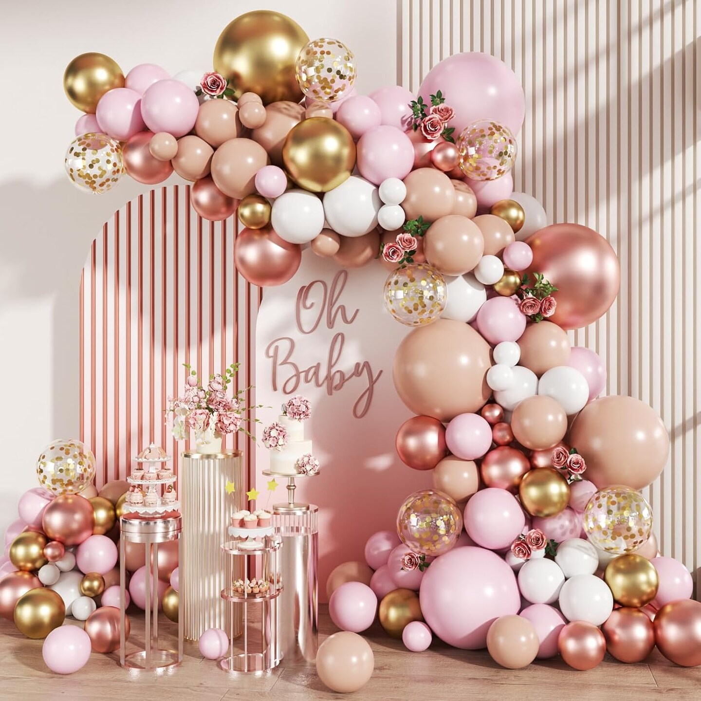 Rose Gold Balloon Kit, 147Pcs Metallic Gold White Pastel Nude Pink and Rose Gold Balloons Garland with Confetti