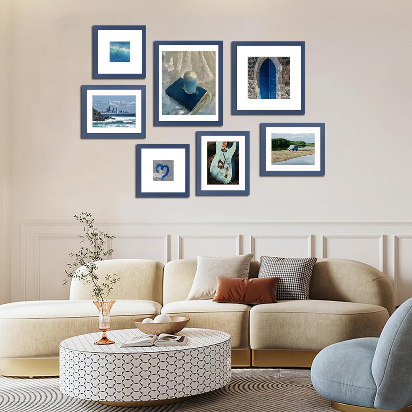 12x12 Picture Frame Set of 9, Photo Gallery Wall Frame Set, Display Pictures 8x8 with Mat or 12 x 12 Without Mat, Square Frame Picture Frames Collage Wall Decor, Blue