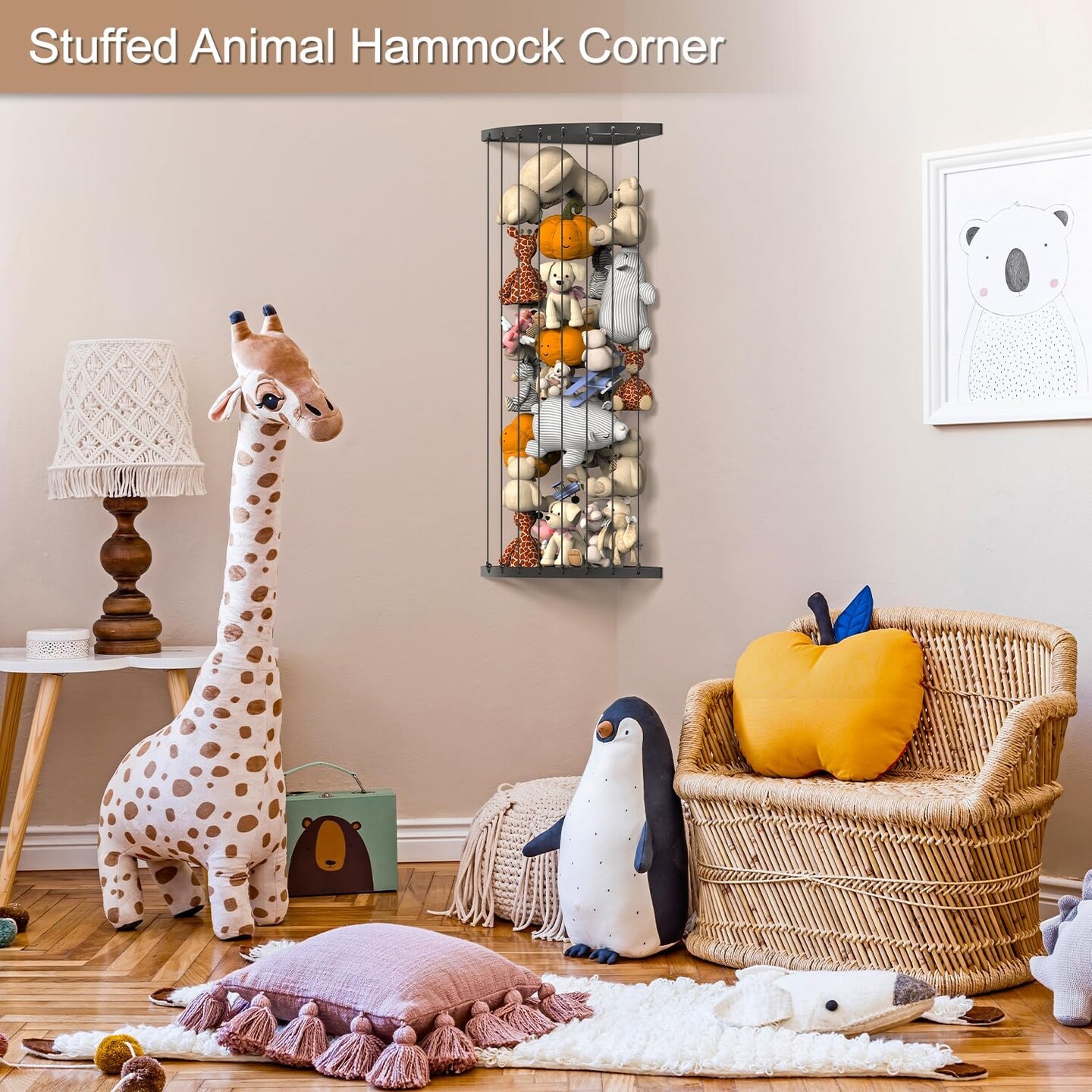 Corner Stuffed Animal Storage Hammock &#x2013; Adjustable Length (34.25&#x22;-59&#x22;) Wall-Mounted Organizer, Space-Saving Toy Net for Nursery, Playroom, Kids&#x2019; Bedroom &#x2013; Black