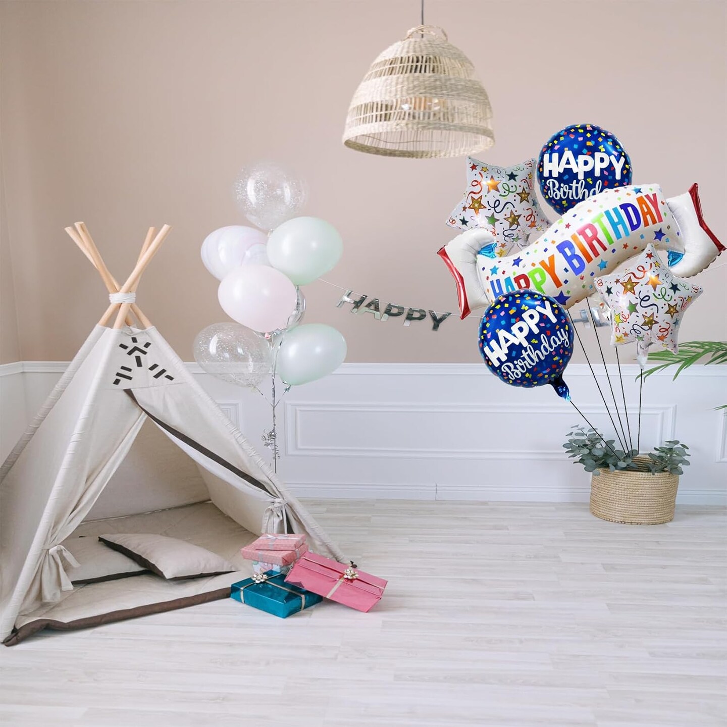 Birthday Decoration Set Colorful Happy Birthday Banner Balloon,Star and Circle Mylar Foil Balloon for Girls Boys Kids &#x26; Adults Birthday Decorations and Party Supplies 5PCS