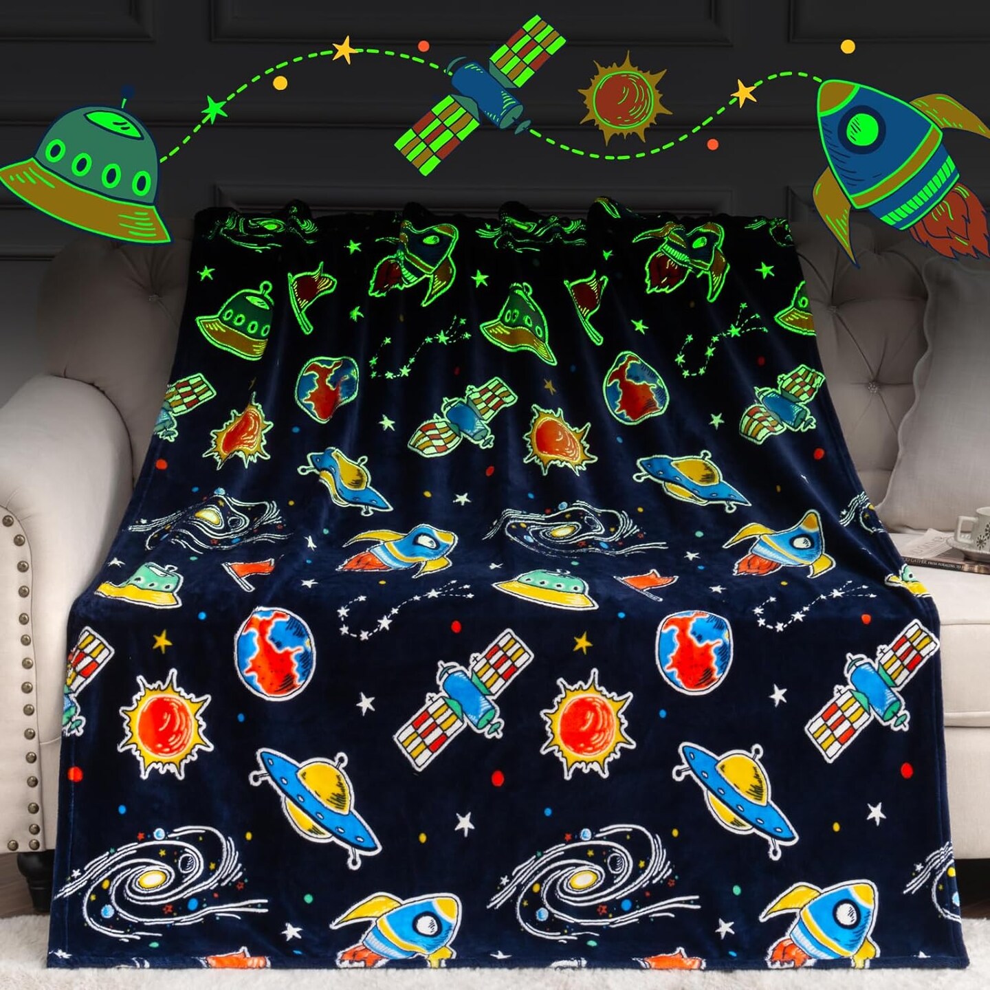 Glow in The Dark Galaxy Space Blanket Gifts for Boys Girls, Star Planet and Solar System Decor for Adult Kids